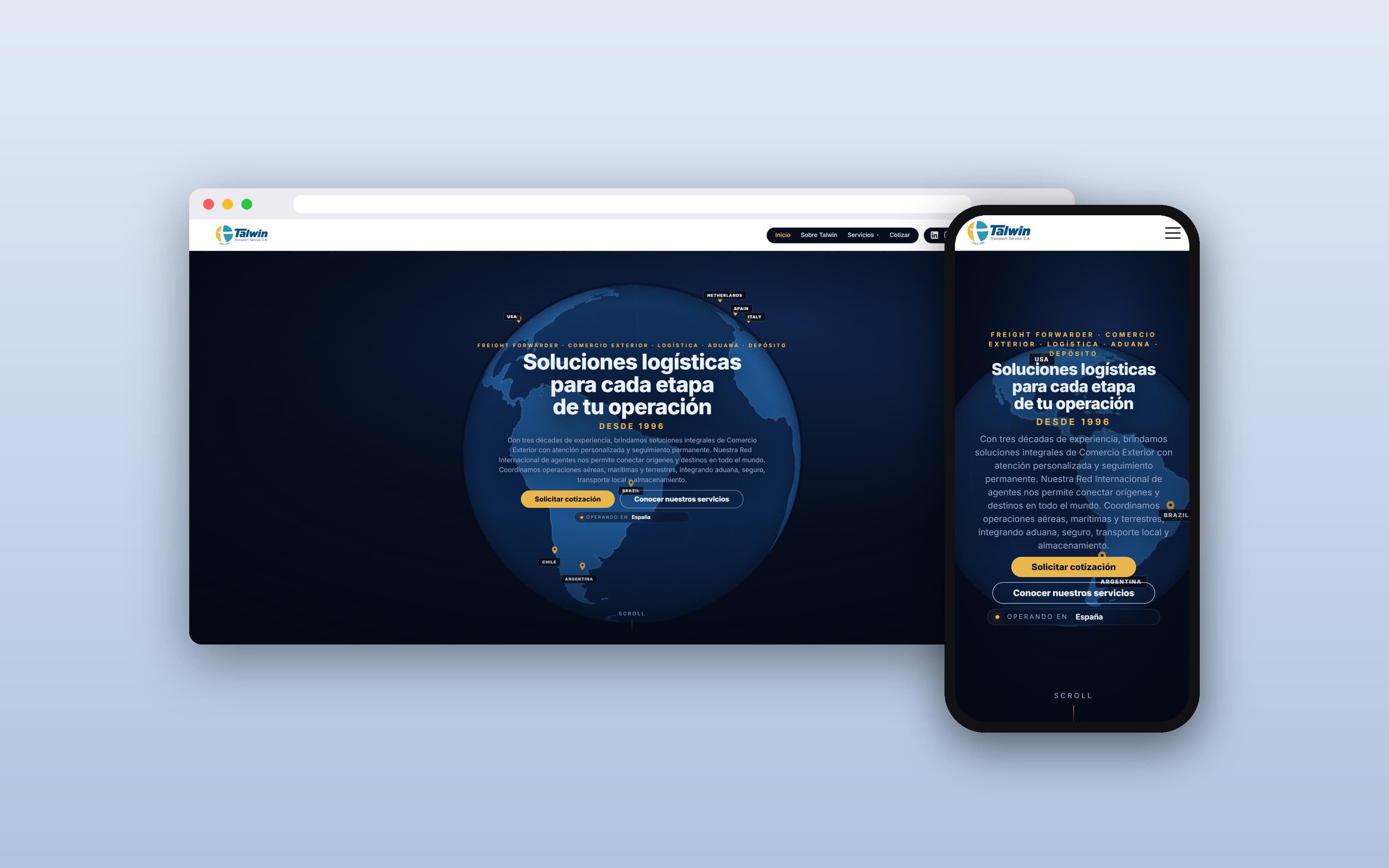 Captura de la página de inicio del sitio web de Talwin Group con un globo interactivo